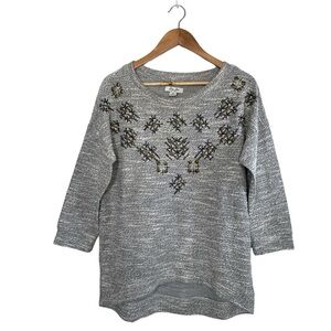 Lucky Brand Lucky Lotus Studded Long Sleeve Crew‎ Neck Sweater Top Grey Medium
